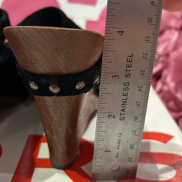 Black Suede Mules With Brass Hardware and Wooden Wedge-sz 9 - Picture 6 of 9